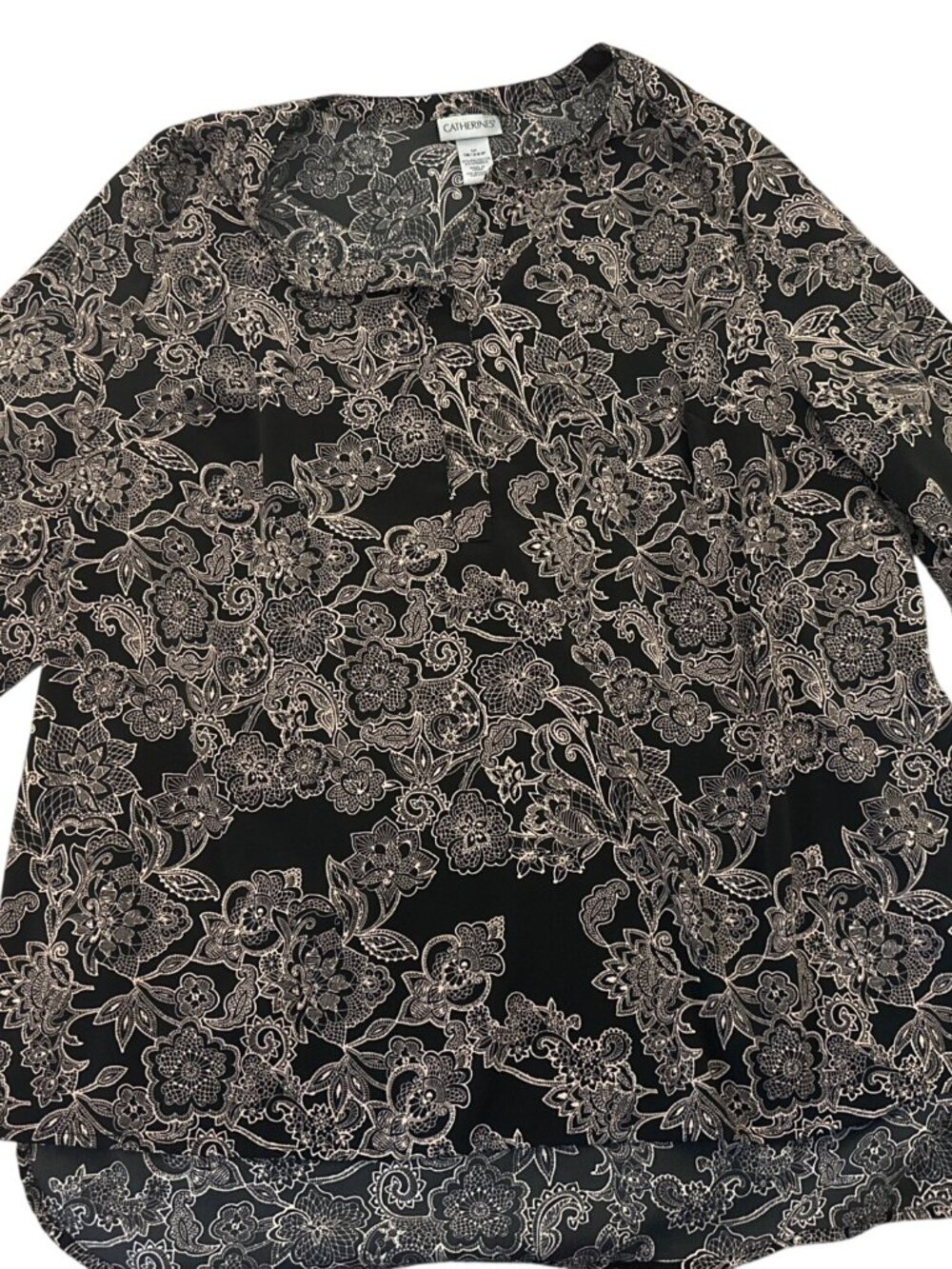 Catherines Womens Blouse Top Shirt 1X 18/20 Black Pink Floral 3/4 Sleeve Career